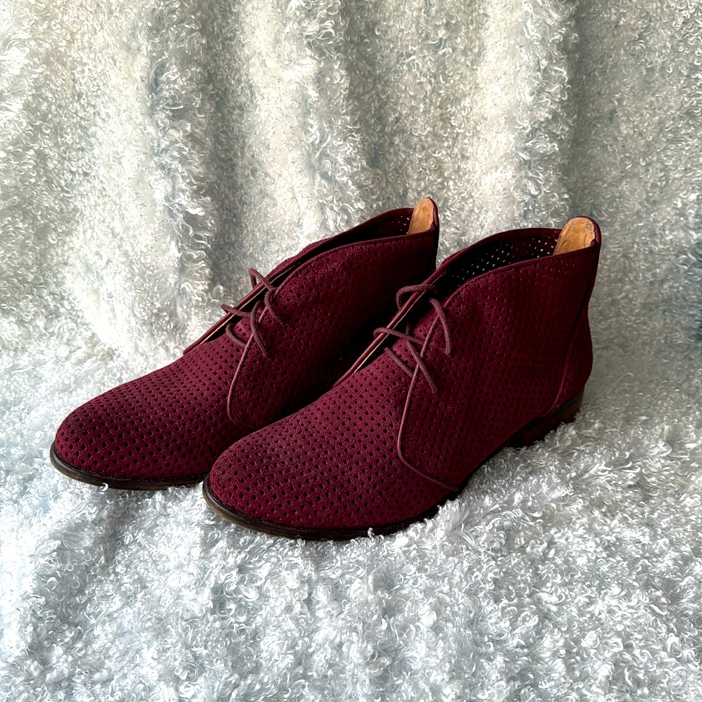 Anthropology Latigo Black Cherry Suede Ankle Boots